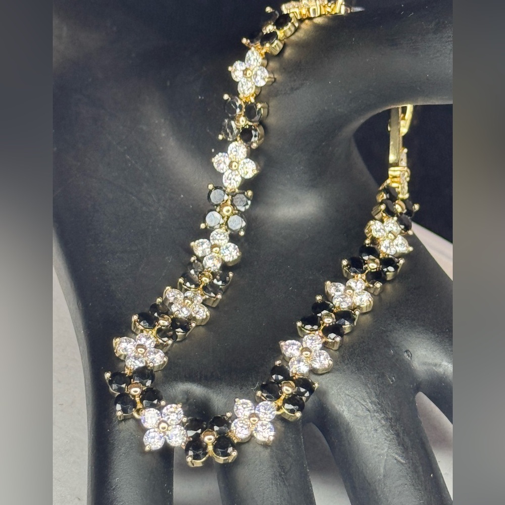 Gold Floral Clear & Black Crystal Tennis Bracelet Made With Swarovski Crystals 8